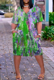 Blue Casual Abstract Print Pocket V Neck Short Sleeve Short Sleeve Loose Midi T-shirt Dress