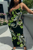 Green Sexy Casual Floral Print Backless Spaghetti Strap Bodycon Long Maxi Slip Dresses