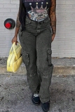 Dark Grey Casual Solid Pocket Mid Waist Straight Cargo Denim Jeans
