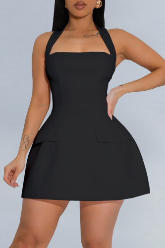 Rose Red Sleeveless Backless High Waisted A-line Halter Party Club Mini Dresses