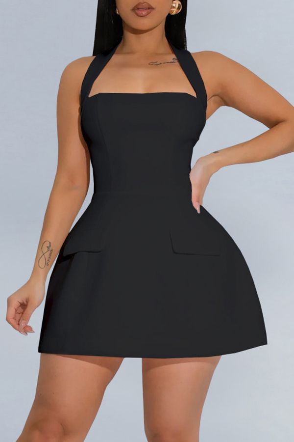 Rose Red Sleeveless Backless High Waisted A-line Halter Party Club Mini Dresses