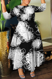 Black Green Casual Abstract Print Belted Round Neck Three Quarter Sleeve Waisted A-line Long Maxi Dresses