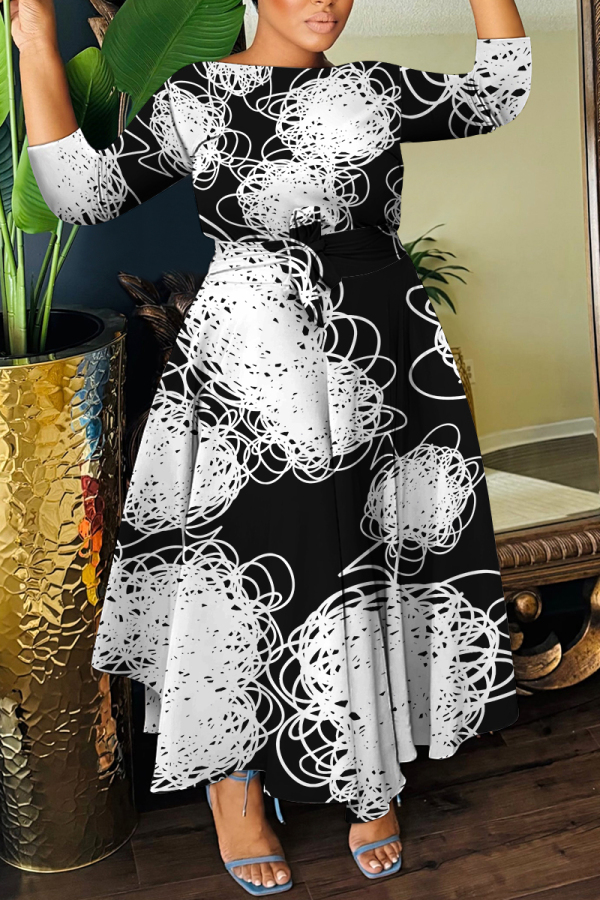 Black Green Casual Abstract Print Belted Round Neck Three Quarter Sleeve Waisted A-line Long Maxi Dresses