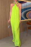 Greenish Yellow Chiffon Sexy Solid Beaded Halter Backless Loose Straight Vacation Long Maxi Dresses