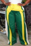 Green Casual Sportwear Contrast Stripe Patchwork Drawstring High Waist Straight Pants Trousers