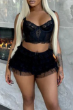 White Lace Spaghetti Strap Sleeveless Cami Tops and Mini Tiered Shorts Party Clubwear Two Pieces Sets