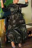 Black White Swan Print Round Neck 3/4 Sleeve Belted Waisted A-line Long Maxi Dresses