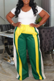 Green Casual Sportwear Contrast Stripe Patchwork Drawstring High Waist Straight Pants Trousers