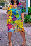 Dark Yellow Casual Abstract Print Pocket V Neck Short Sleeve Short Sleeve Loose Midi T-shirt Dress