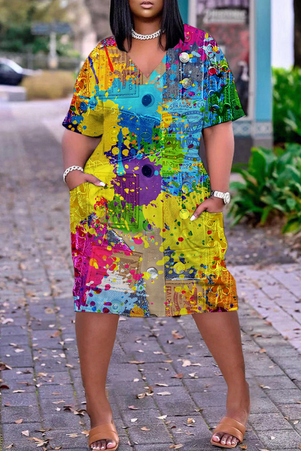 Dark Yellow Casual Abstract Print Pocket V Neck Short Sleeve Short Sleeve Loose Midi T-shirt Dress