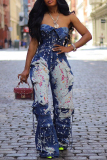 Blue Splashed ink Print Sleeveless Strapless Backles Button-down Flared Leg Denim Tube Jumpsuits