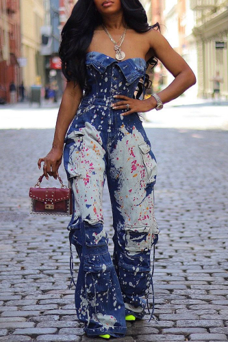 Blue Splashed ink Print Sleeveless Strapless Backles Button-down Flared Leg Denim Tube Jumpsuits Blue Splashed ink Print Sleeveless Strapless Backles Button-down Flared Leg Denim Tube Jumpsuits