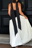 Black White Contrast Sleeveless Backless Strapless Thigh High Slit Clubwear Party Maxi Tube Dresses