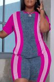 Green Striped Print Round Neck Short Sleeve T-shirt and Fitted Shorts Casual Outing Two Piece Short Sets