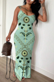 Blue Red Graphic Print Sleeveless Backless Spaghetti Strap Fitted Casual Vacation Long Maxi Slip Dresses
