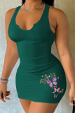 Green Casual Sexy Butterfly Print Patchwork U Neck Sleeveless Bodycorn Mini Wrapped Skirt Vest Dresses