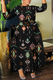 Black White Swan Print Round Neck 3/4 Sleeve Belted Waisted A-line Long Maxi Dresses