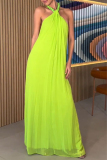 Greenish Yellow Chiffon Sexy Solid Beaded Halter Backless Loose Straight Vacation Long Maxi Dresses