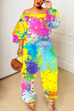 Dark Yellow Abstract Print Off Shoulder Long Lantern Sleeve Loose Overall Jumpsuits