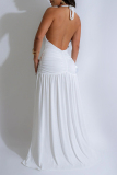 White Halter Deep V Neck Sleeveless Backless Thigh Slit Bodycon Prom Party Maxi Dresses