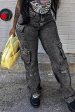 Dark Grey Casual Solid Pocket Mid Waist Straight Cargo Denim Jeans