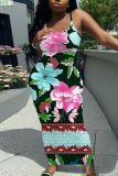 Green Sexy Casual Floral Print Backless Spaghetti Strap Bodycon Long Maxi Slip Dresses