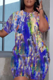 Blue Abstract Print Round Neck Short Sleeve T-shirt and Shorts Casual Outing Plus Size Two Piece Short Sets