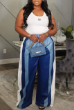 Green Casual Sportwear Contrast Stripe Patchwork Drawstring High Waist Straight Pants Trousers