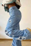 Light Blue Casual Solid Ripped Mid Waist Straight Denim Jeans