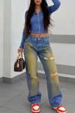 Blue Y2K Casual Solid Ripped Mid Waist Straight Denim Jeans