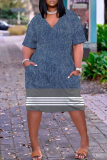 Blue Stripe Print V Neck Short Sleeve Short Sleeve Pocket Casual Loose Midi T-shirt Dress