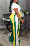 Green Casual Sportwear Contrast Stripe Patchwork Drawstring High Waist Straight Pants Trousers