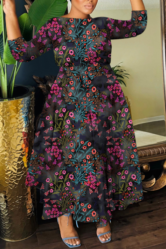 Rose Red Casual Floral Print Belted Round Neck Three Quarter Sleeve Waisted A-line Long Maxi Dresses