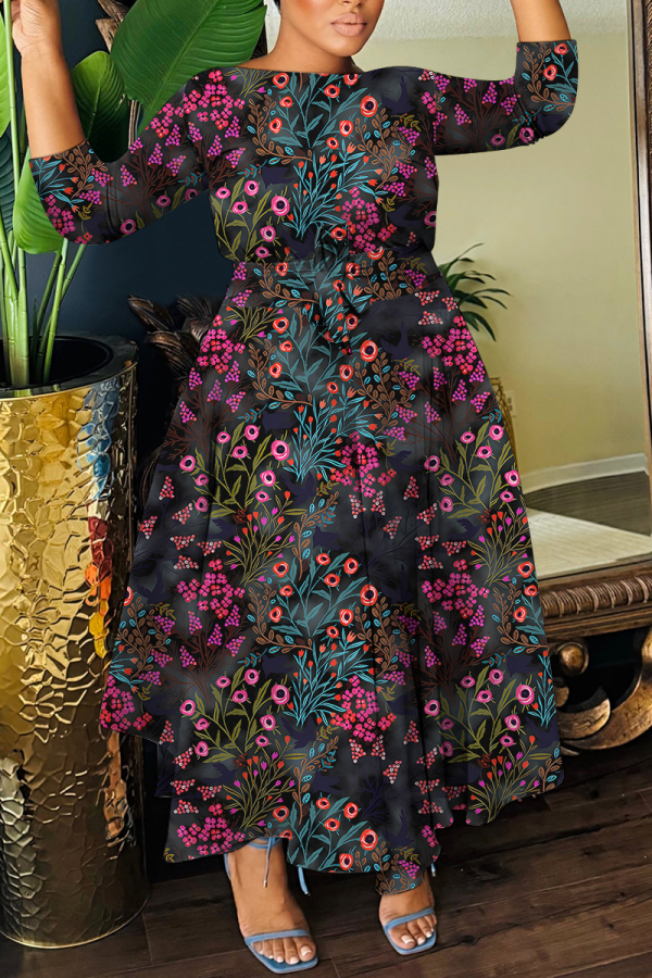 Rose Red Casual Floral Print Belted Round Neck Three Quarter Sleeve Waisted A-line Long Maxi Dresses