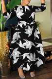 Black White Swan Print Round Neck 3/4 Sleeve Belted Waisted A-line Long Maxi Dresses