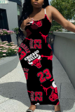 Black Red Sexy Casual Letter Print Backless Spaghetti Strap Bodycon Long Maxi Slip Dresses