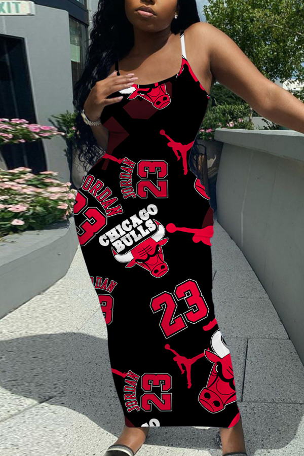 Black Red Sexy Casual Letter Print Backless Spaghetti Strap Bodycon Long Maxi Slip Dresses