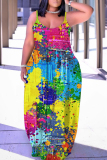 Dark Yellow Abstract Print Sleeveless Backless Spaghetti Strap Casual Vacation Loose Long Maxi Slip Dresses