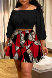 Black Off Shoulder 3/4 Lantern Sleeve Ruched Tops and A-line Shorts Vacation Plus Size Two Pieces Short Sets