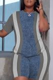 Green Striped Print Round Neck Short Sleeve T-shirt and Fitted Shorts Casual Outing Two Piece Short Sets