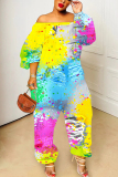 Dark Yellow Abstract Print Off Shoulder Long Lantern Sleeve Loose Overall Jumpsuits