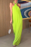 Greenish Yellow Chiffon Sexy Solid Beaded Halter Backless Loose Straight Vacation Long Maxi Dresses