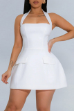 Rose Red Sleeveless Backless High Waisted A-line Halter Party Club Mini Dresses