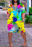 Dark Yellow Casual Abstract Print Pocket V Neck Short Sleeve Short Sleeve Loose Midi T-shirt Dress