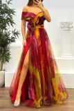 Red Mesh Gradient Print Off Shoulder Short Sleeve Feathers Trim Waisted Slit A-line Party Evening Formal Maxi Dresses