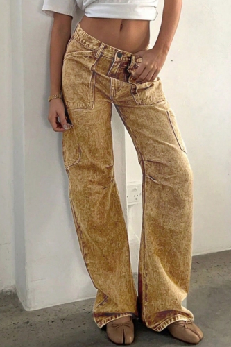 Brown Y2K Casual Solid Pocket Mid Waist Straight Cargo Denim Jeans