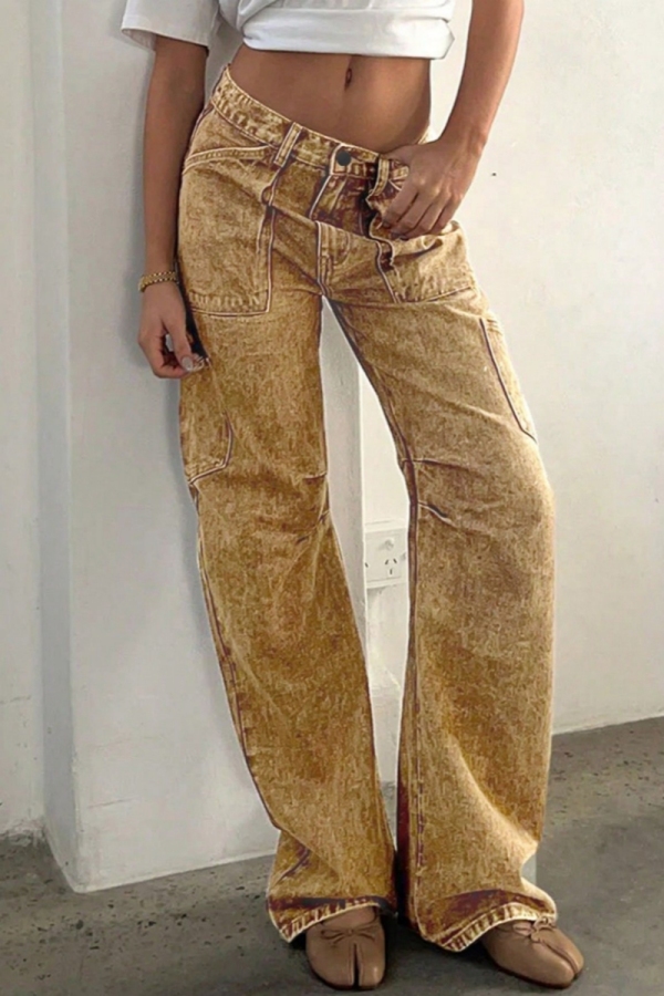 Brown Y2K Casual Solid Pocket Mid Waist Straight Cargo Denim Jeans