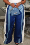 Green Casual Sportwear Contrast Stripe Patchwork Drawstring High Waist Straight Pants Trousers