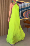 Greenish Yellow Chiffon Sexy Solid Beaded Halter Backless Loose Straight Vacation Long Maxi Dresses
