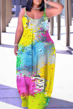 Dark Yellow Abstract Print Sleeveless Backless Spaghetti Strap Casual Vacation Loose Long Maxi Slip Dresses